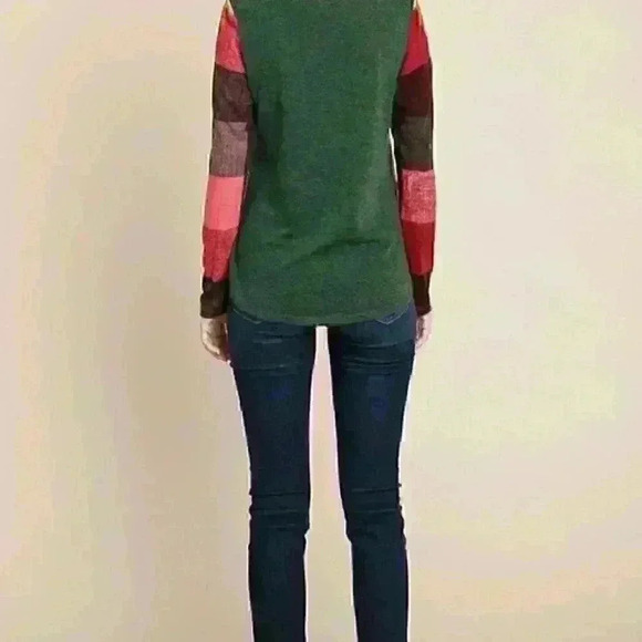 3. Olive Sweater with Colorful Check/Plaid Sleeves - Picture 3 of 4